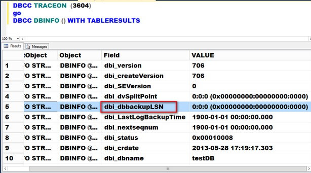 The results of running the DBCC DBINFO T-SQL command is shown below