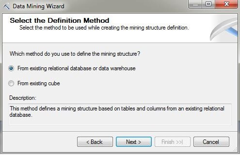 On the Select the Definition Method page, press the radio button labeled "From existing relational database or data warehouse".