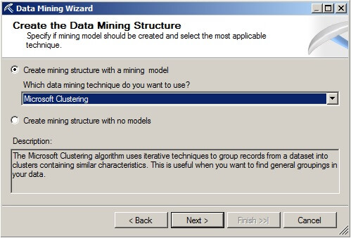 Choose the "Microsoft Clustering" data mining technique from the drop-down box. 