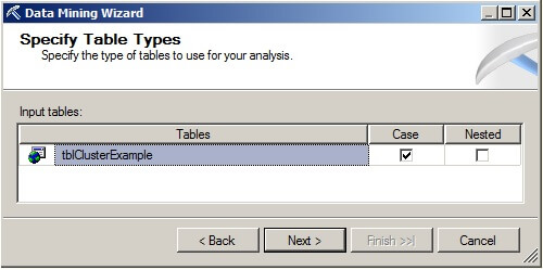 On the Specify Table Types page, make sure the Case box is checked and the Nested box is unchecked for the table named tblClusterExample.