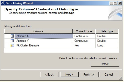 the Specify Columns' Content and Data Type page
