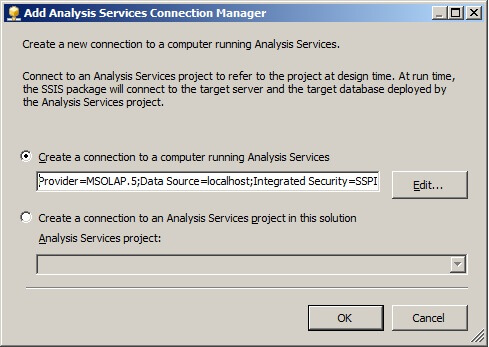 Create a connection to a computer running Analysis Services" radio button.