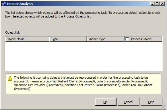 Clicking on "Impact Analysis" in the Analysis Services Processing Task Editor will display a list of the objects that will be affected by the processing task. 