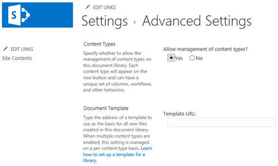 click on the Advance Settings link and then on the Advance Settings page check "Allow management of content types" 