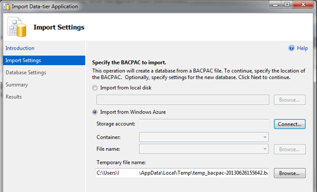 Choose Import from Windows Azure and click Connect...