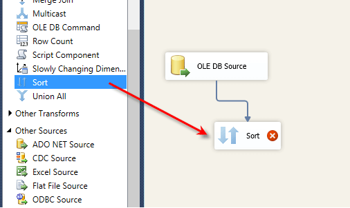 Connect the OLEDB Source task to the Sort task