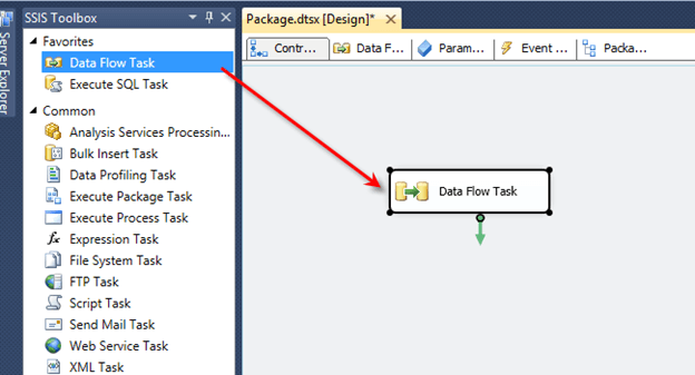 Test the connection and click OK. Next, drag a Data Flow task from the SSIS toolbox onto the design screen