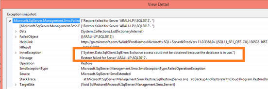 If you try to restore a database which is in use, SQL Server will throw the following exception