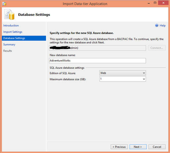 On the Database Settings screen of the Import Data-tier Application, specify the server instance and then edition