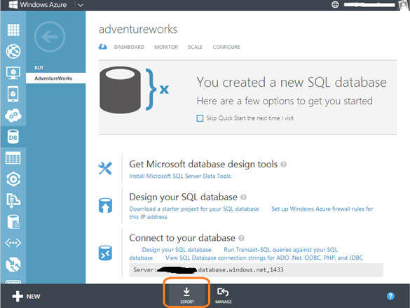 Windows Azure SQL Database - Export 