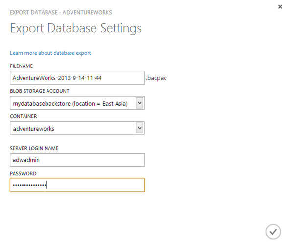 using Windows Azure portal you can only export your database to Windows Blob storage account