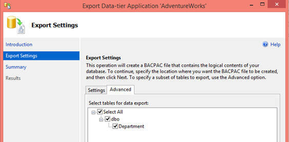 On the Advance tab of the Export Data-tier Application wizard, you can make choice of database objects which you want to export.