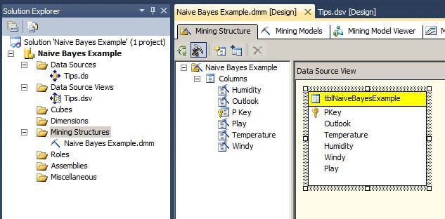the Visual Studio Solution Explorer window and the Mining Structure tab of the data mining model that was created