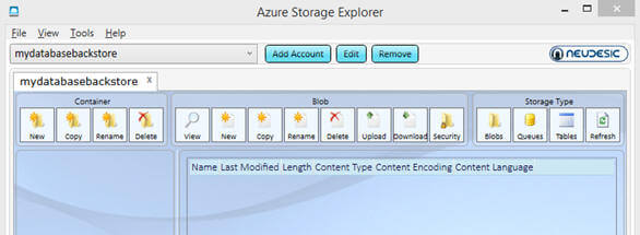 Once you are connected to the Windows Azure Storage account, this is how it should look