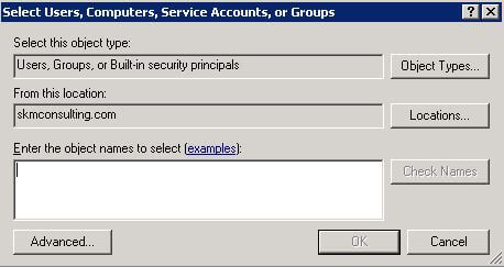 Adding User Account for Required Privileges: Standard Windows Dialog Box