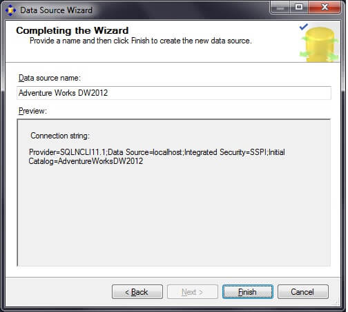 On the Completing the Wizard screen, the data source name can be changed if desired