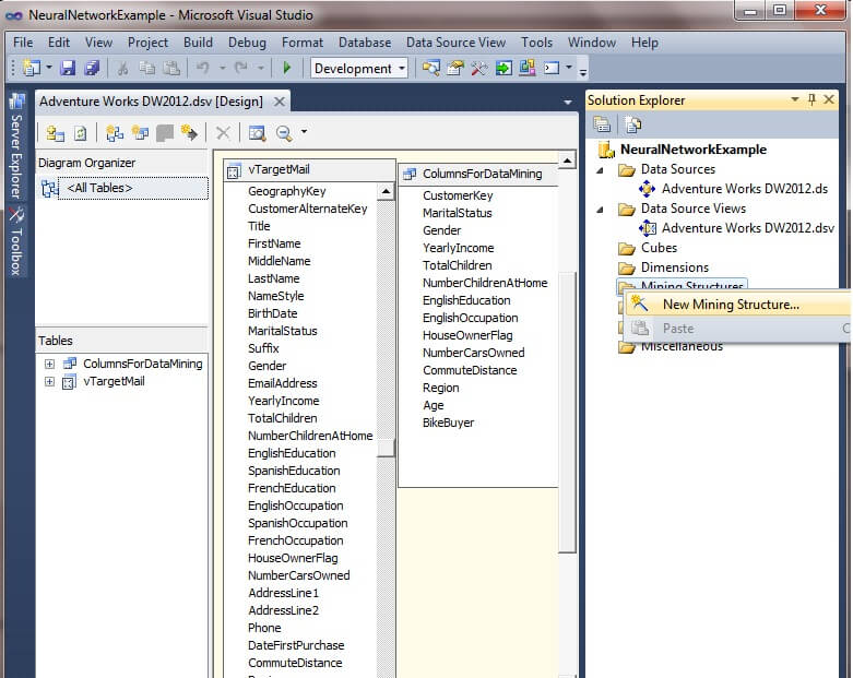 The new Named Query, ColumnsForDataMining, now appears next to the view vTargetMail.
