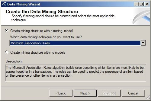 Choose the "Microsoft Association Rules" data mining technique from the drop-down box. 