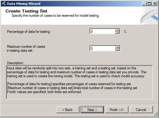 set the "Percentage of data for testing" and "Maximum number of cases in testing data set" to zero for this example.