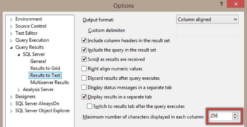 SSMS options for Results to Text