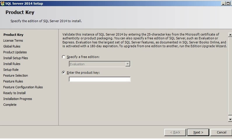 The SQL Server 2014 Setup application lists the steps it will follow on the left wide of the window.