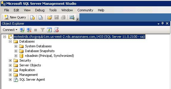 RDS SQL Server Instance Connected from Management Studio