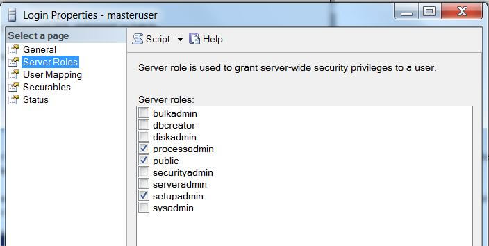 Default server roles for the master user