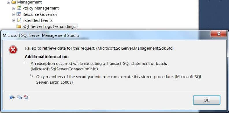 SQL Server error logs cannot be accessed from Management Studio