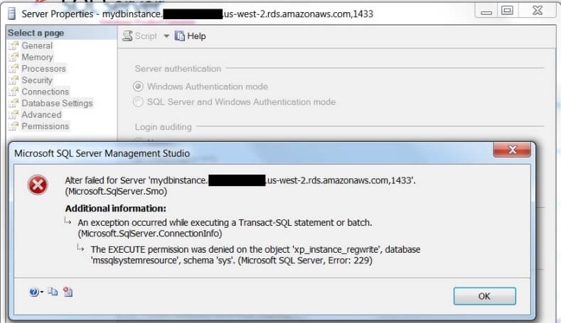 SQL Server authentication property can't be changed to Windows-only