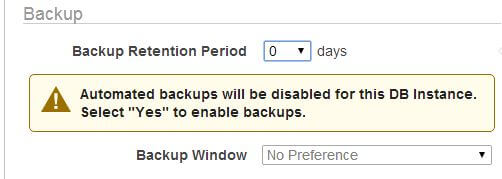 RDS warns if backups are disabled