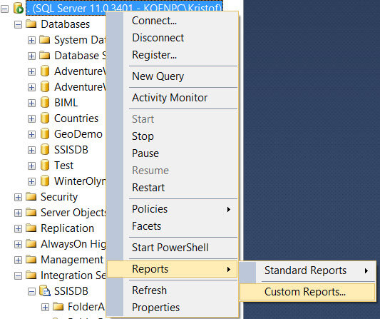 The report is not added to the context menu of another object in SSMS.