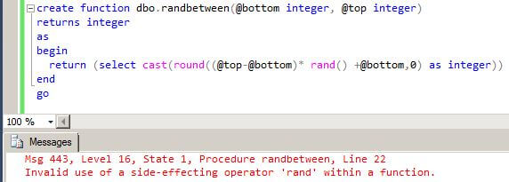 Invalid use of a side-effecting operator 'rand' within a function.