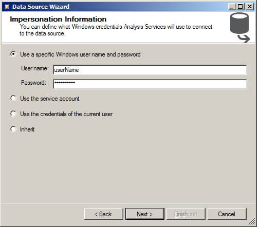 On the Impersonation Information screen, click on "Use a specific Windows user name and password.