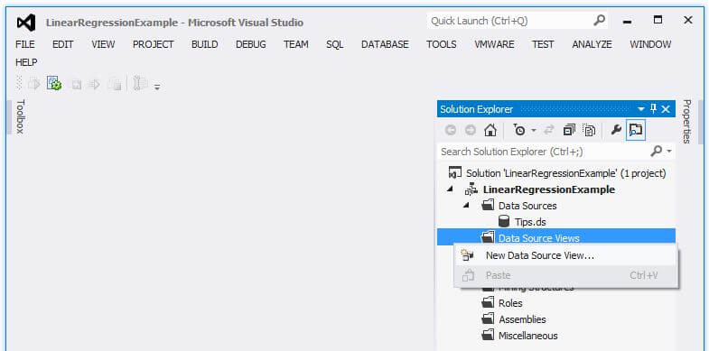 In the Solution Explorer window, right-click on the Data Source Views folder and choose "New Data Source View..." 