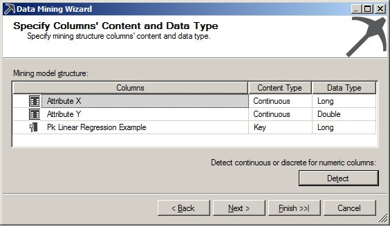 The default values for the Content Type and Data Type are shown below on the Specify Columns' Content and Data Type page