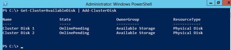 Therefore, I can add those disks to my cluster using the Add-ClusterDisk cmdlet.