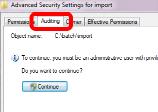 Click on the Auditing tab and, if necessary, click on the button with the shield and Continue