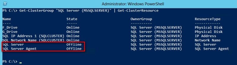 The SQL Server clustered resource is dependent on G_Drive, F_Drive and SQL Network Name (SQLCLUSTER).
