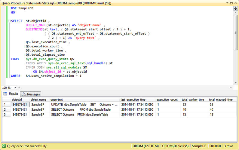 Natively-Compiled Stored Procedure Query Statistics.