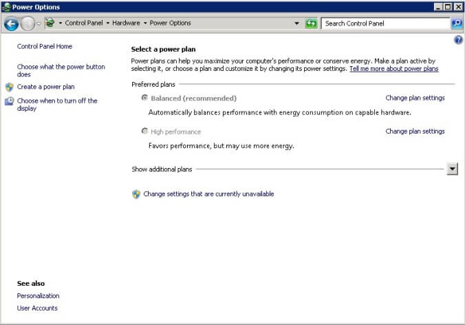 Windows Server OS Power Options form is accessible from Control Panel