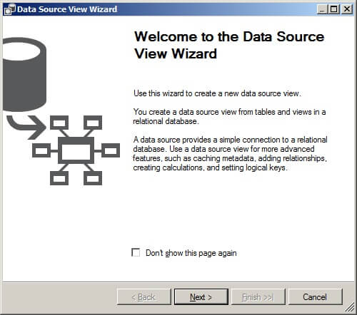 First page of data source view wizard