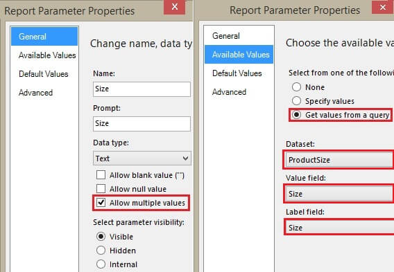 Size Report Parameter Properties Window