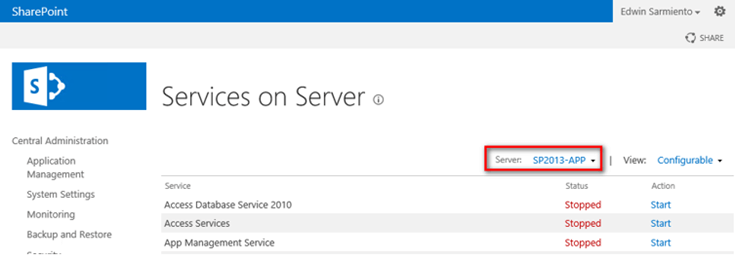 Services on Server - Reporting Services Installed