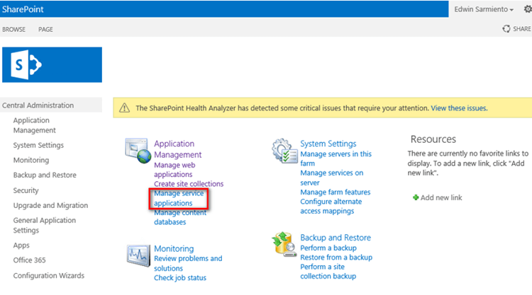 Manage service applications in SharePoint Central Administration