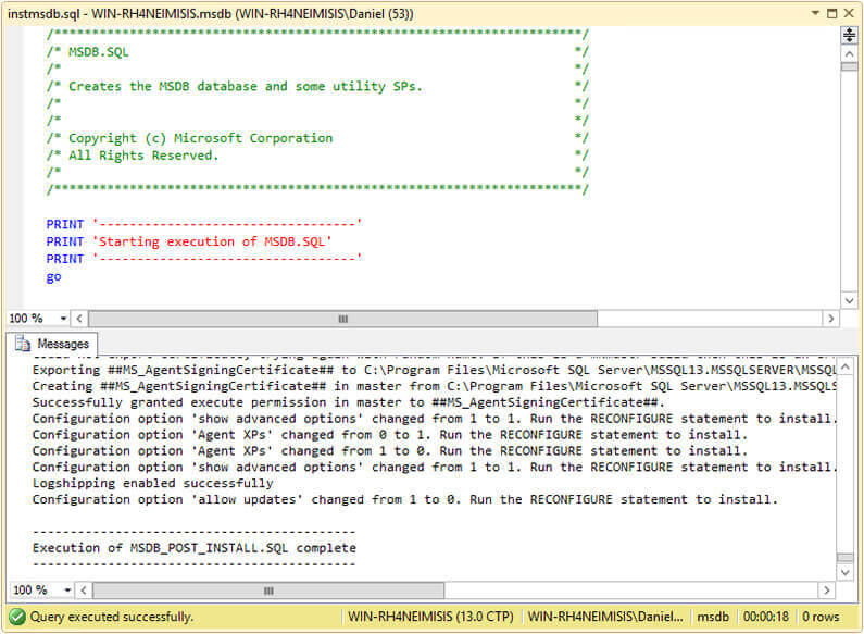 instmsdb.sql Script Execution on SQL Server Management Studio.