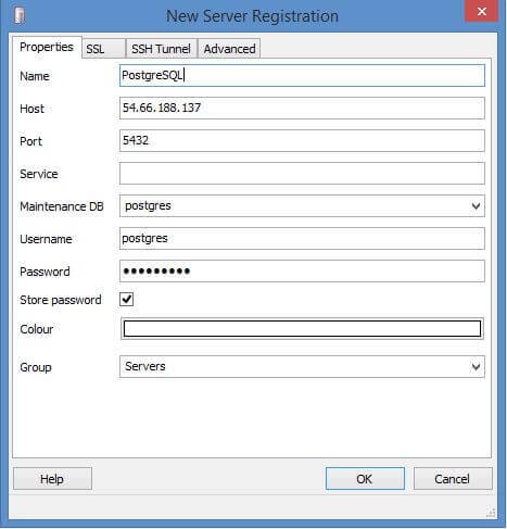pgAdmin connection parameters dialog box