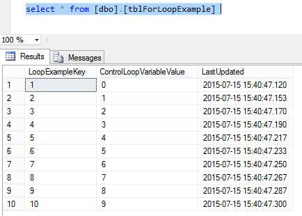 Query shows the loop executed 10 times.