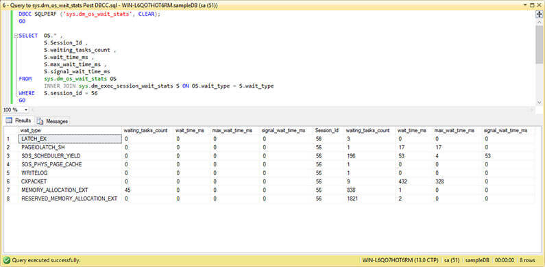 Query to sys.dm_os_wait_stats and sys.dm_exec_session_wait_stats After Running DBCC SQPERF.