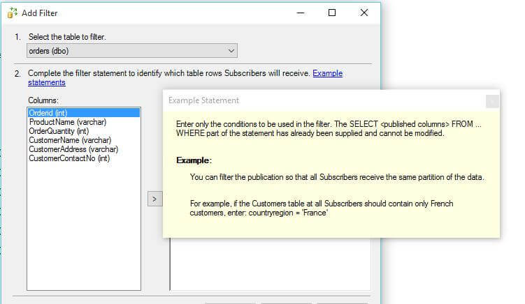 Example Statement on how to Filter with SQL Server Replication Publication