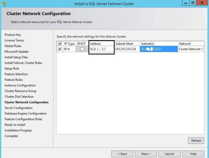Cluster Network Configuration for a SQL Server Cluster Installation